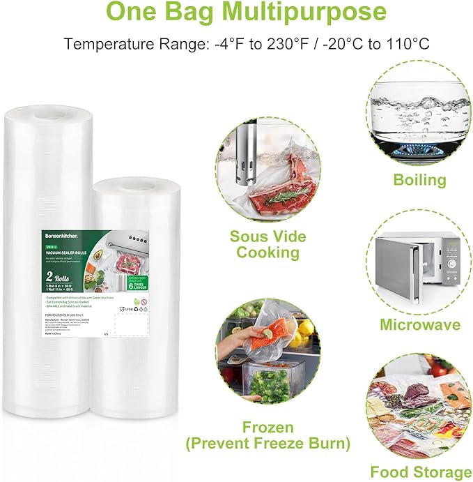 Bonsenkitchen Vacuum Food Sealer Rolls Bags, 8" x 50' & 11" x 50' Commercial Grade BPA Free Bag Rolls, Durable Customized Size Food Vac Bags for Storage and Sous Vide Cooking VB3212