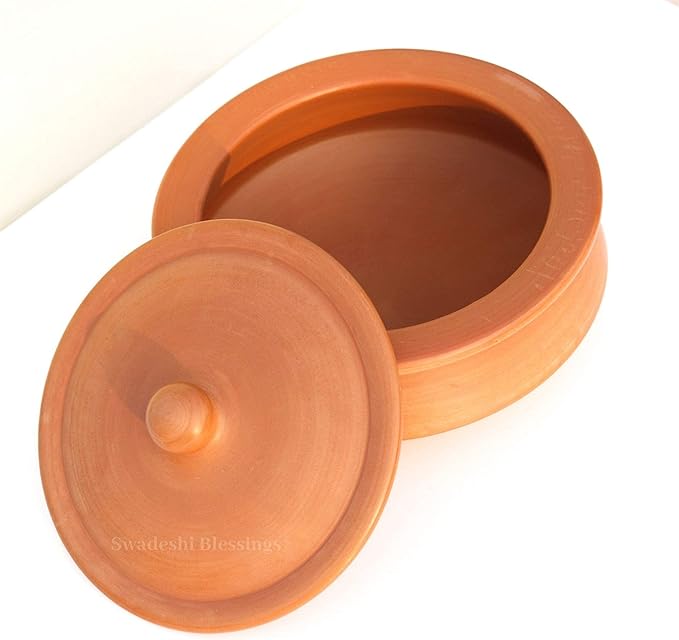Swadeshi Blessings HandMade Exclusive Range Unglazed Clay Handi/Earthen Kadai/Clay Pot For Cooking & Serving with Lid, 2.8Liters (With Natural White Firing Shade & Mirror Shine) (Red)