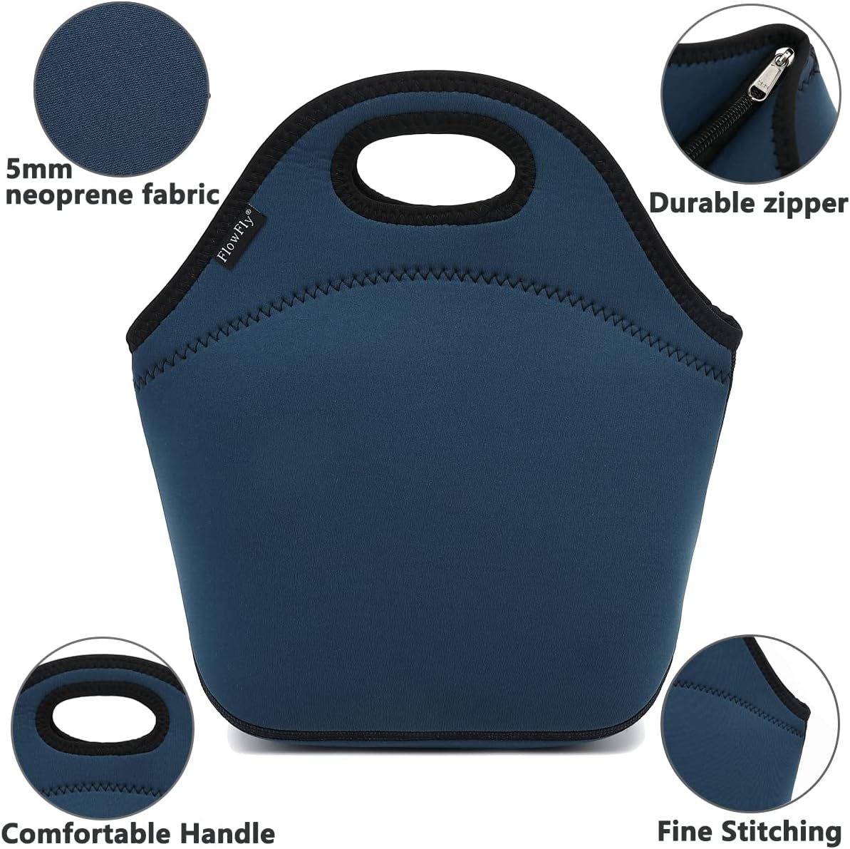 FlowFly Neoprene Kids Lunch box Insulated Soft Bag Mini Cooler Thermal Meal Tote Kit for Boys, Girls,Men,Women,School,Work, Office, Navy Blue