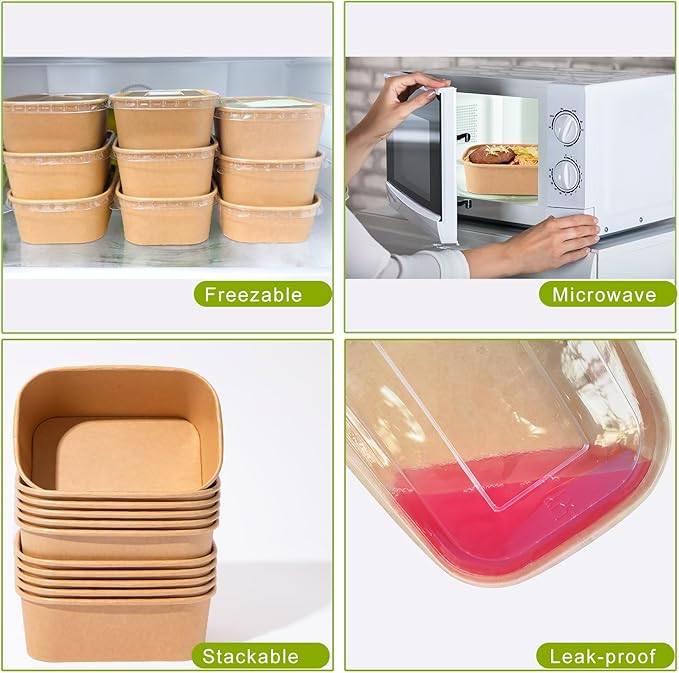 MINCOCO 50 Count Paper Bowls Disposable Meal Prep Containers with Lids【Includes 50 Wooden Forks + 100 Labels】 Salad Food Containers Freezer & Microwave Safe Leakproof Soup Bowls (19 Ounce, 50-Count)