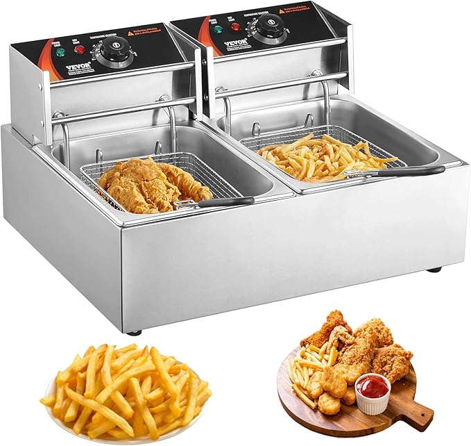 VEVOR Commercial Deep Fryer, Dual Tank 3000W Electric Countertop Fryer with Basket, 2 x 9.1Qt/8.6L Double Stainless Steel Oil Fryer, with Temp Control & Overheat Protection, for Kitchen Restaurant Use