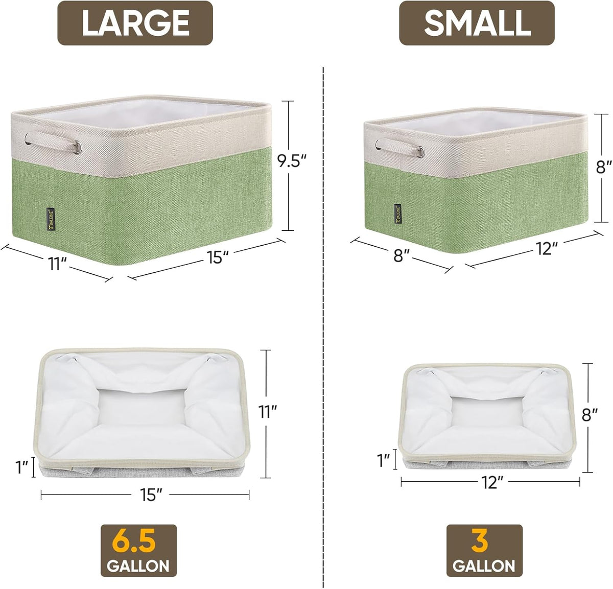 BALEINE 2 Pack Fabric Storage Bins for Shelves, Linen Storage Baskets for Organizing, Decorative Closet Bins for Clothes, Home (Green, 12"x8"x8")