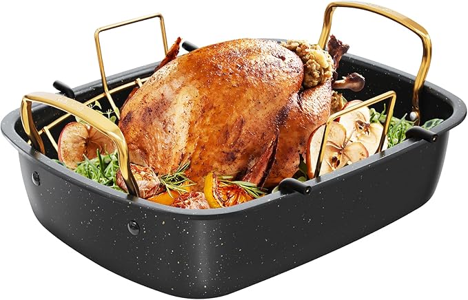 Roasting Pan, 17 Inch x 13 Inch Roaster with Removable Rack, Nonstick Roaster Pan for Roasting Turkey, Meat & Vegetables (Gold)