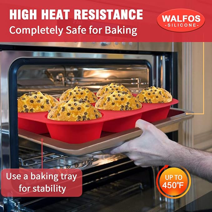 Walfos Silicone Texas Muffin Pan Set- 6 Cup Jumbo Silicone Cupcake Pan, Non-Stick, Just PoP Out! Perfect for Egg Muffin, Big Cupcake - BPA Free and Dishwasher Safe, Set of 2