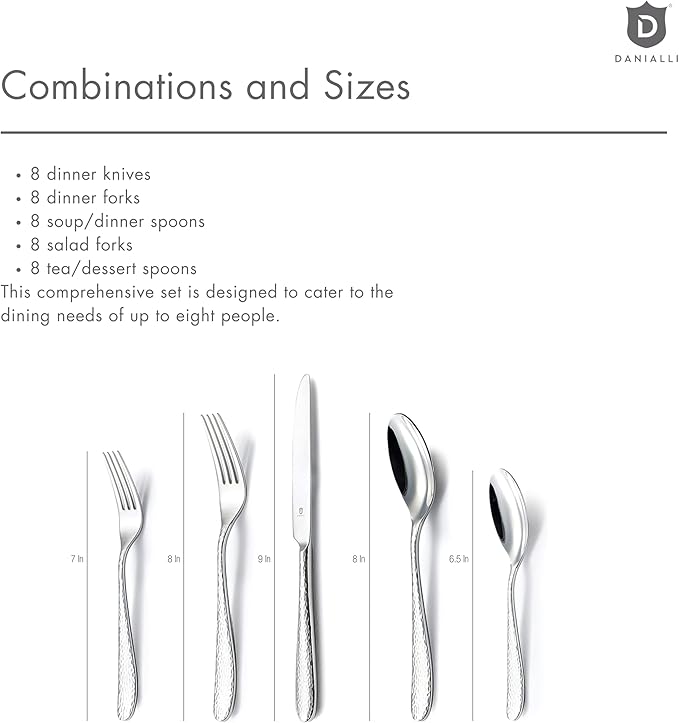 Matte Silverware Set, 18/10 Stainless Steel Satin Flatware, Modern Brushed Finish Cutlery, Dishwasher Safe & Durable, Built to Last (40-Piece, Fidenza Hammered)