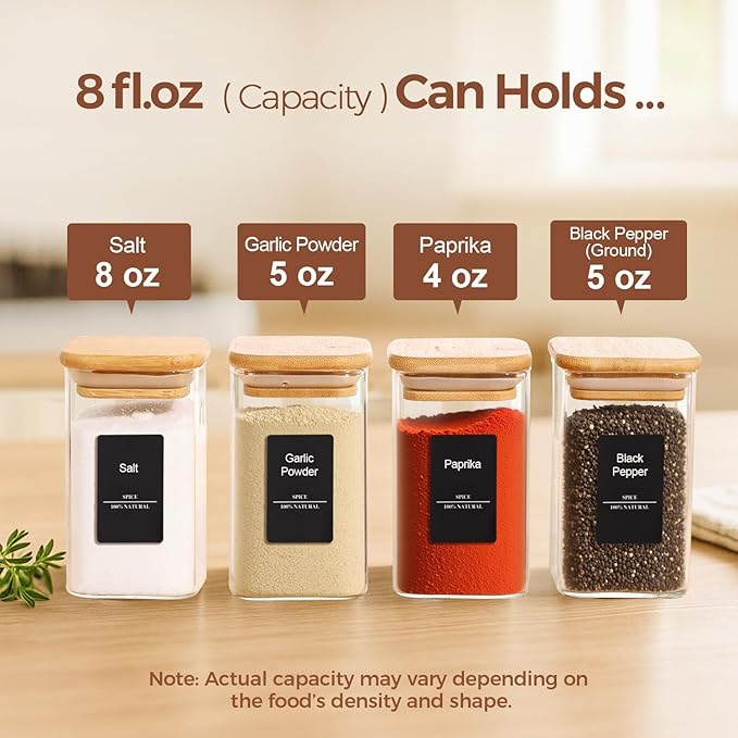 ComSaf Spice Jars with Labels 8 oz 16Pack, Small Spice Containers Starter Set, Glass Seasoning Jars with Lids, Square Seasoning Containers for Salt, Pepper, Chili Powder, Sugar, Loose Tea Storage