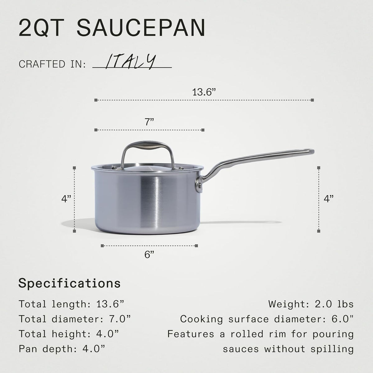 Made In Cookware - 2 Quart Saucepan with Lid - Stainless Clad 5 Ply Construction - Induction Compatible - Professional Cookware - Made in Italy