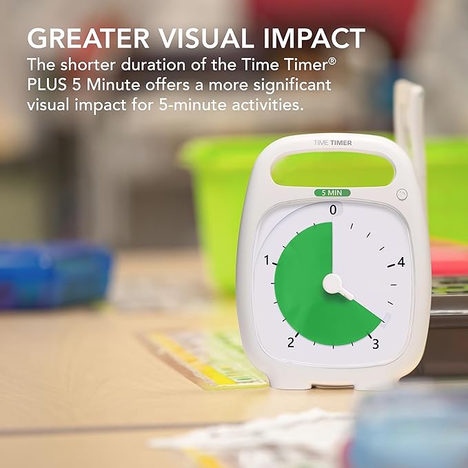 TIME TIMER PLUS 5 Minute Desk Visual Timer - Countdown Timer with Portable Handle for Classroom, Office, Homeschooling, Study Tool with Silent Operation (White)