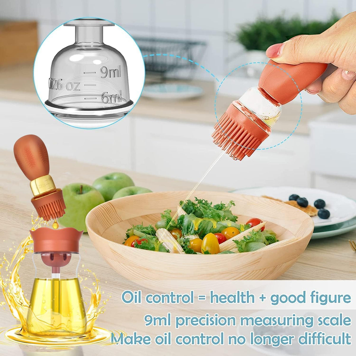 Oil Dispenser Bottle with Silicone Brush, 200ML 2 in 1 Silicone Dropper Measuring Oil Dispenser Bottle for Kitchen Cooking, Frying, Baking, BBQ Pancake, Air Fryer, Marinating - Green