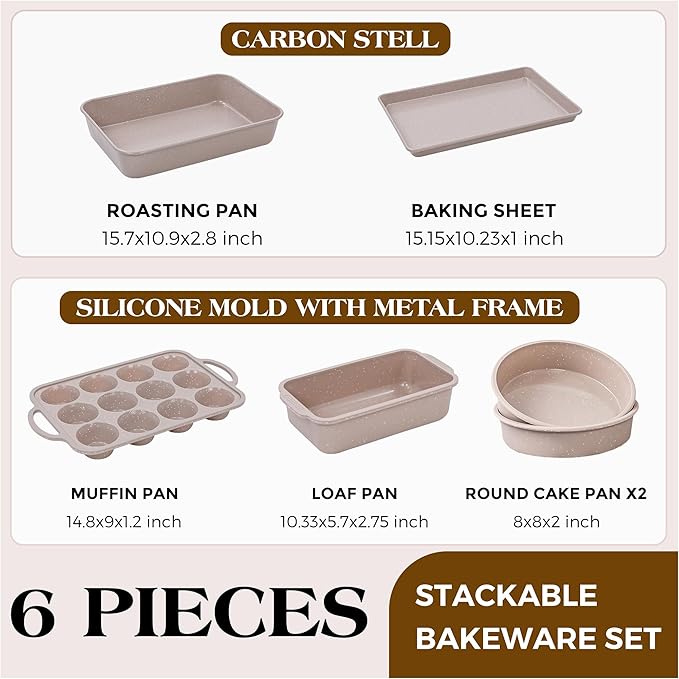 6 Pcs Baking Pans Set, Silicone Bakeware Sets with Metal Reinforced Frame, Nonstick Stackable Carbon Steel Non Toxic Baking Sets for Cooking (Brown)