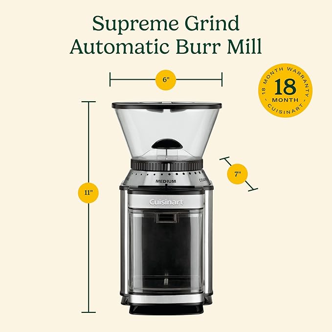 Cuisinart Coffee Grinder, Electric One-Touch Automatic Burr Coffee Grinder with 18-Position Grind Selector, Cup Size Selector for 4 – 18 Cups, DBM-8P1, Black Stainless
