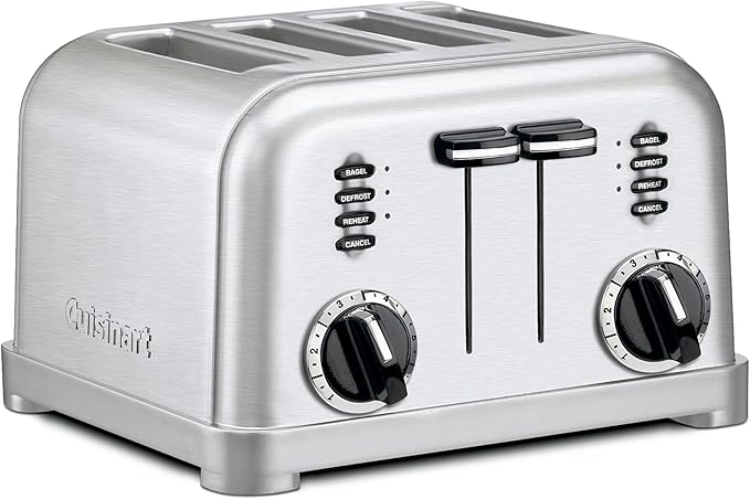 Cuisinart 4 Slice Compact Stainless Steel Toaster with Extra-Wide Slots for Bread, French Toast, Bagels & Pastries, Defrost & Reheat Functions, CPT-180P1, Brushed Stainless, Removable Crumb Tray