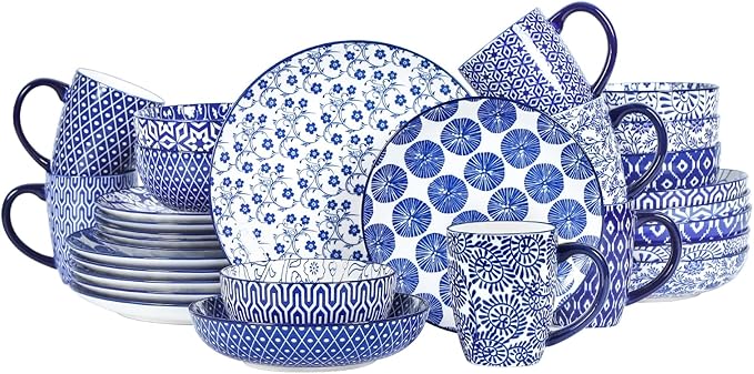 Selamica 30-Pieces Ceramic Dinnerware Sets for 6, Scratch Resistant Plates and Bowls Sets, Microwave and Dishwasher Safe, Vintage Blue A