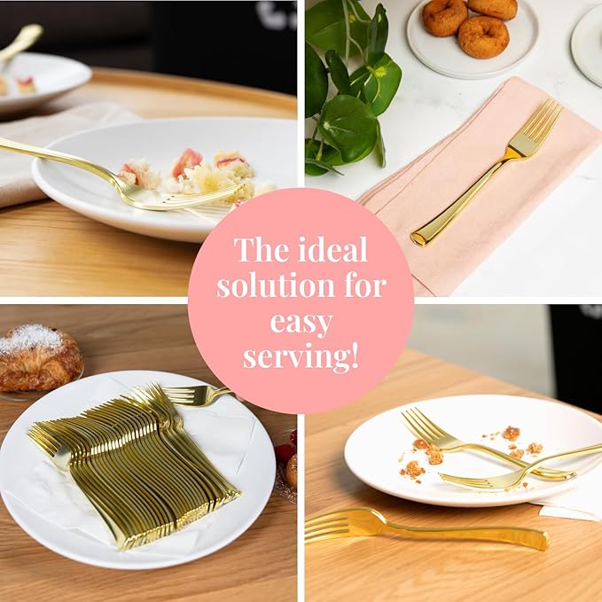 Prestee 100 Gold Plastic Forks - Heavy Duty Elegant Disposable Utensils - Fancy Plastic Silverware for Weddings and Holidays - Heavyweight 7 Inch Forks for Special Occasions