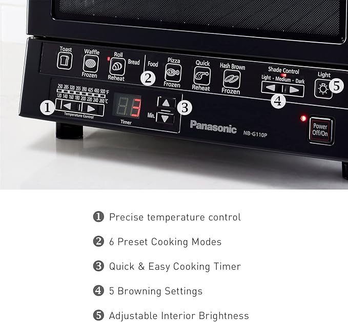 Panasonic FlashXpress Toaster Oven Countertop, 4-Slice Compact Size with Double Infrared Heating, 6 Auto Cook Options and Precise Temperature Control, 1300W - NB-G110P-K (Black)