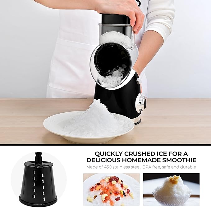 SUSTEAS Rotary Cheese Grater with Handle,Vegetable Slicer with 6 Interchangeable Blades, Reinforced Suction,Easy to Clean,Kitchen Shredder for Crushed Ice,Fruits and Nuts with Blade Storage Case,Black