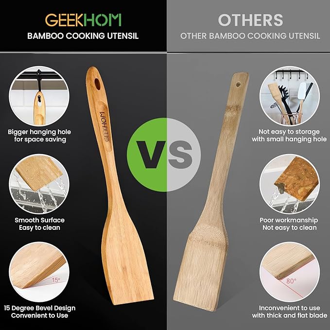 GEEKHOM Bamboo Spatulas for Nonstick Cookware, 13 Inch Wooden Kitchen Utensils, 2 Pack Wooden Spatula for Cooking, Slotted Wok Turners, Flipper for Pancake, Fish, Egg