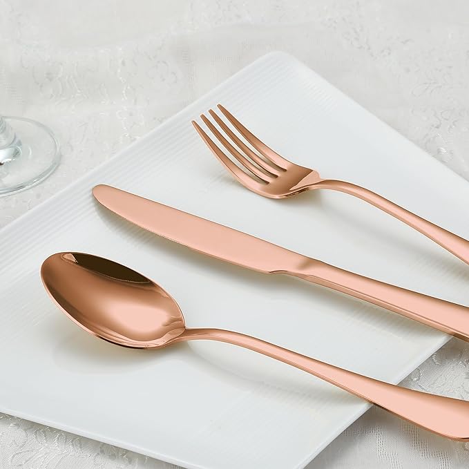 Briout Rose Gold Silverware Set, 20 Piece Cutlery Set, Stainless Steel Flatware Set Service for 4 Include Spoons Forks Knives Tableware Utensil Set for Kitchen Home Restaurant, Shiny Rose Gold Polish