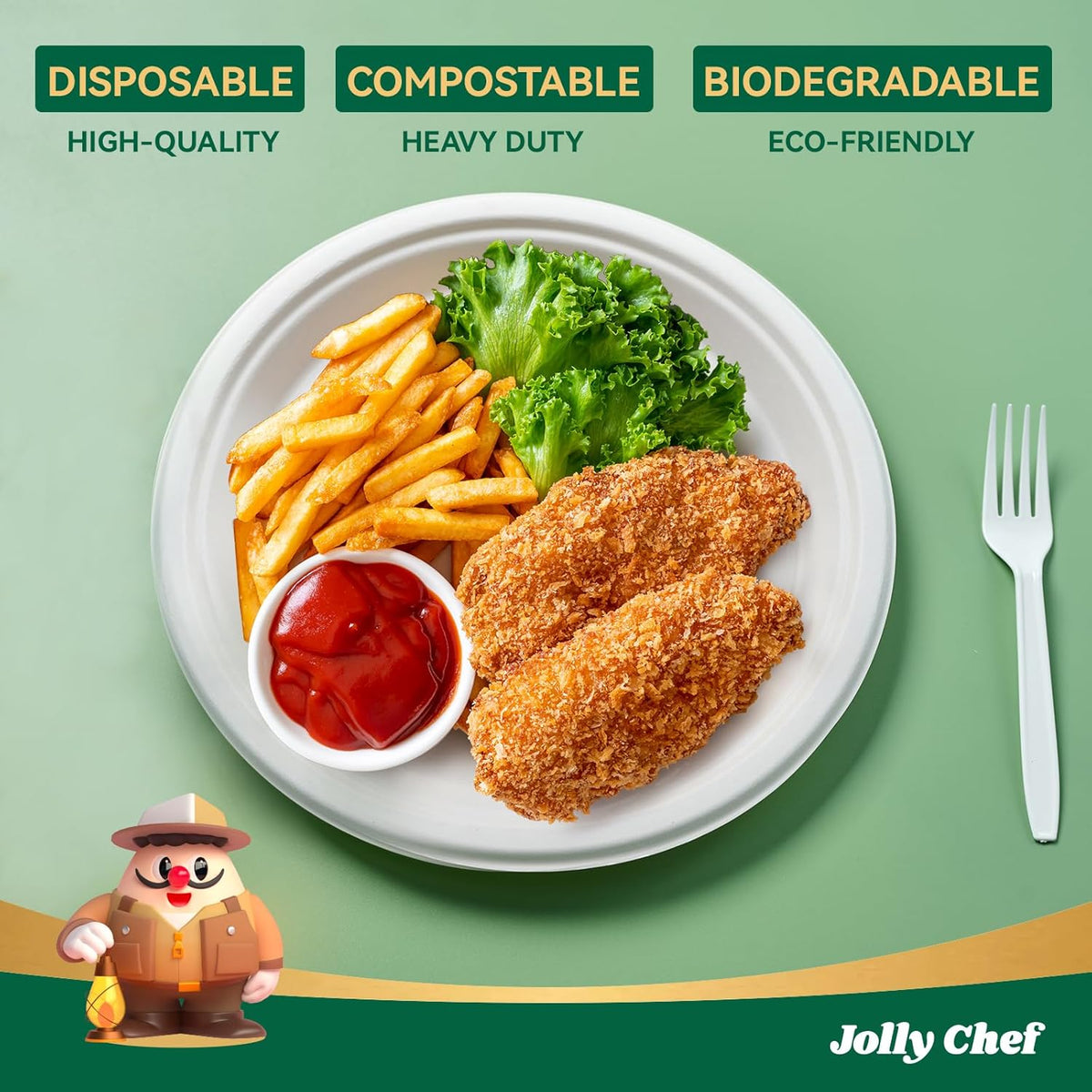 JOLLY CHEF Compostable Heavy Duty Plates 𝟭𝟬 𝗜𝗻𝗰𝗵 [𝟱𝟬𝟬 𝗣𝗮𝗰𝗸] Eco-Friendly Disposable White Paper Plates Made of Bagasse Biodegradable Bulk for Party Dinner Sugarcane Fibers Round 500 Count