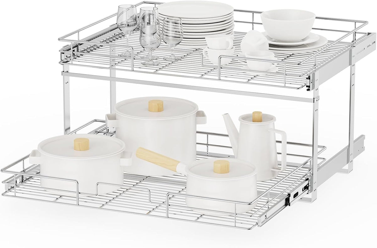 ROOMTEC Individual Pull Out Cabinet Organizer (31½" W x 21½" D), 2 Tier Spice Rack Organizer for Cabinet, Slide Out Drawer Pantry Shelf Organization and Storage for Kitchen Bathroom