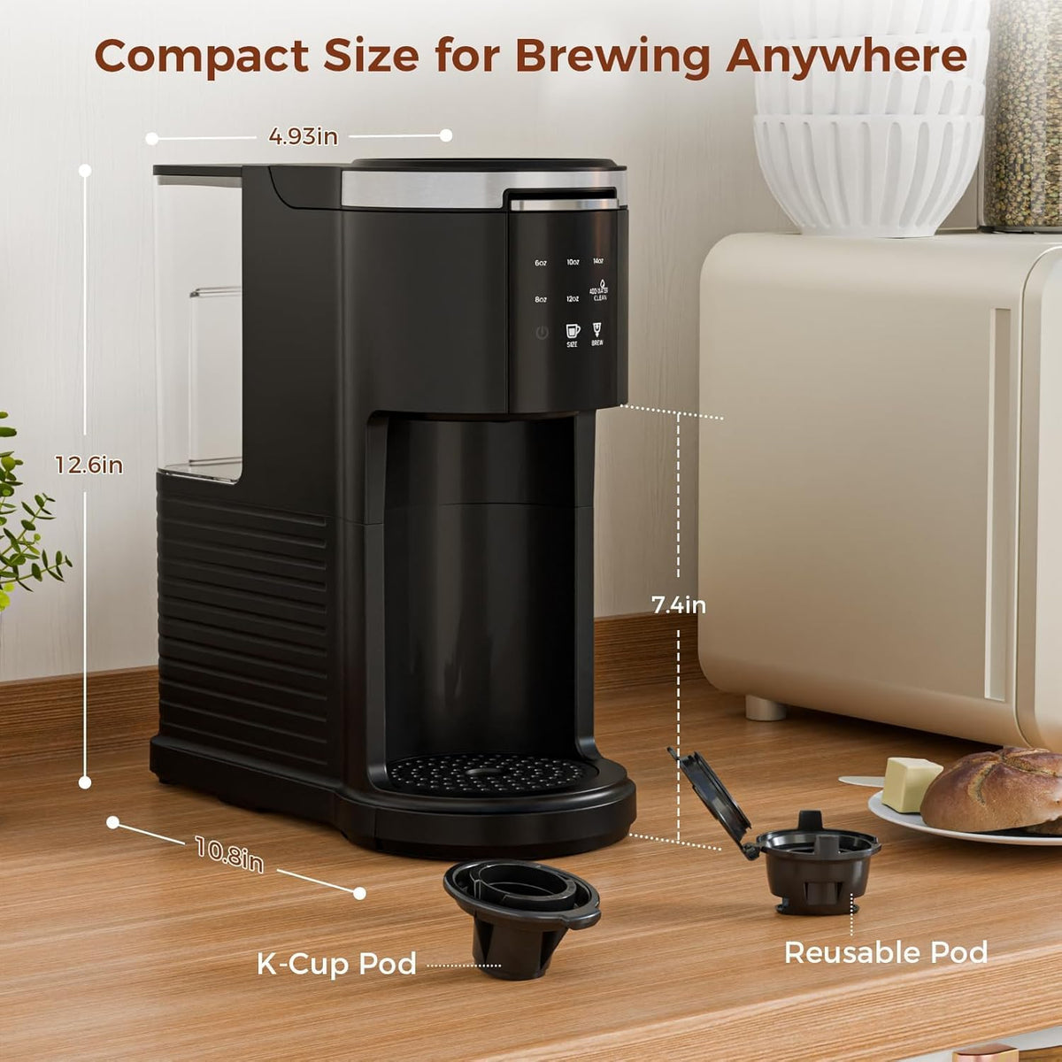 Single Serve Coffee Maker, 2 in 1 Coffee Machine for K-Cup & Ground Coffee, 6 to 14oz Brew Sizes, Self-cleaning Pod Coffee Makers with 40oz Removable Water Reservoir, LCD Screen, Black