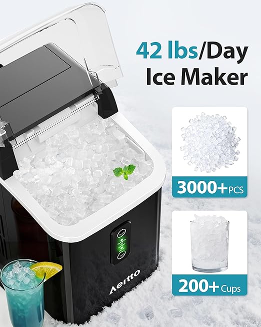 Aeitto Nugget Ice Maker Countertop, 42lbs/24H Ice Machine with 1.5L Water Tank, Rapid Ice Release in 6 Mins, Self-Cleaning Pebble Ice Maker with Basket and Scoop for Home Office RV and Party, Black