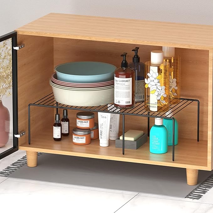 Kitchen Cabinet Expandable Shelf Organizers Set of 6, Adjustable Metal Wire Pantry Storage Shelves, Plate Dish Organizer Rack for Cabinets, Cupboard, Counter, Freezer, Countertop, Black