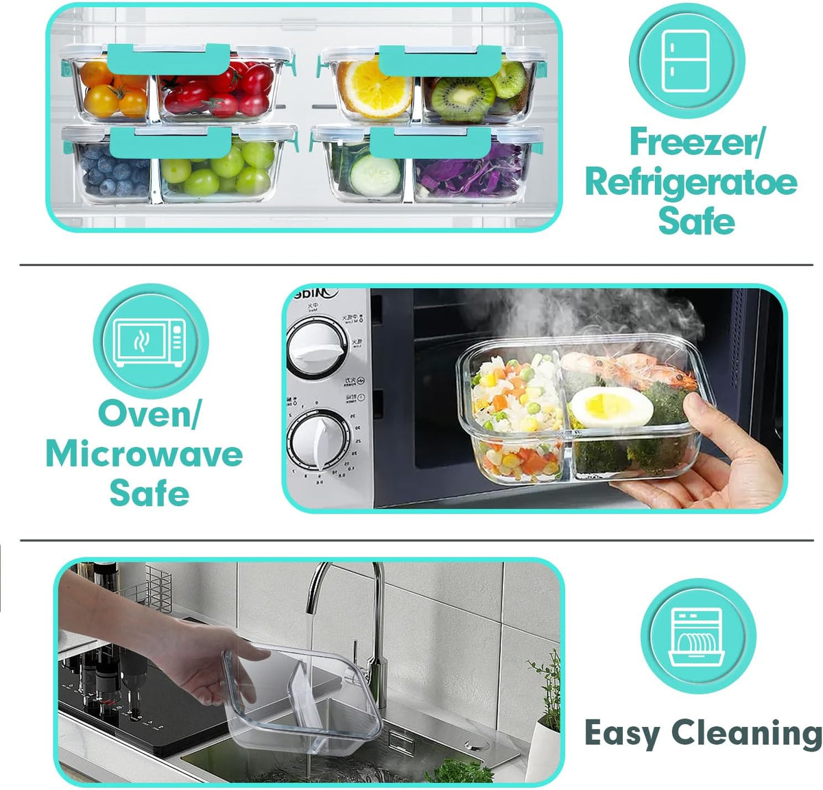 VERONES 10 Pack Glass Meal Prep Containers - 2 Compartment Set, 30 OZ Airtight Glass Lunch Containers with Lids, for Microwave, Oven, Freezer & Dishwasher Friendly, Green