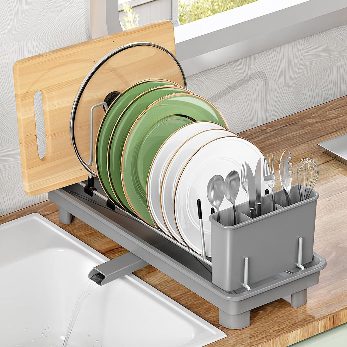 Small Dish Drying Rack, Compact Dish Rack for Kitchen Counter, Stainless Steel Dish Drainer, Space Saving Plate Rack, Dish Strainer with Cutlery Holder, Grey