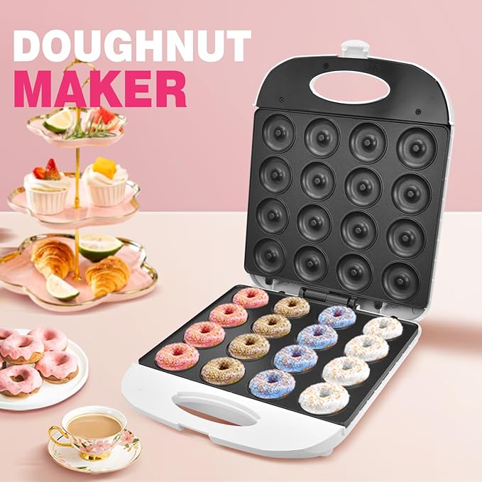 DSP All in One 2 Inch Mini Donut Maker, Non-Stick, Cool Touch, Electric Doughnut Machine for 16 Snacks & Desserts, Perfect for Birthday, Wedding, Baby Shower, Christmas, Party, Afternoon Tea