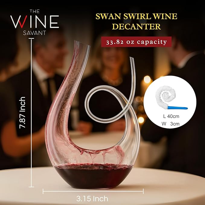 Art Series Swan Swirl Wine Decanter, Hand Blown, Lead-Free Glass with Wide Base for Aeration, + Cleaner Elegant U-Shaped Design with Spill-Reducing Spout – 33.8 oz – Modern Display for Red Wine Lovers