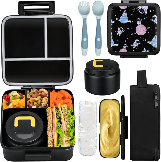 Bento Lunch Box for Kids With 8oz Soup Thermo,Leak-proof Lunch Containers with 5 Compartment,Thermo Food Jar and Lunch Bag, Food Containers for School (A-Black(Circumnavigate Space))