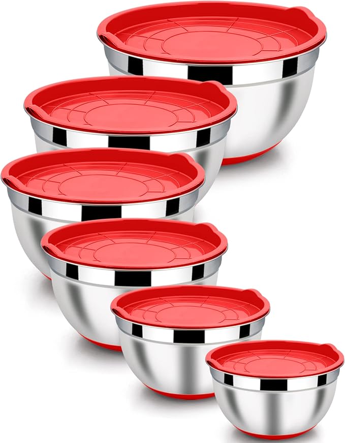 LIANYU Mixing Bowls Set of 6 with Airtight Lids, Size 7, 3.5, 2.5, 2, 1.5, 1QT Large Metal Stainless Steel Nesting Bowls for Cooking, Baking, Food Storage, Non-slip Bottom, Red