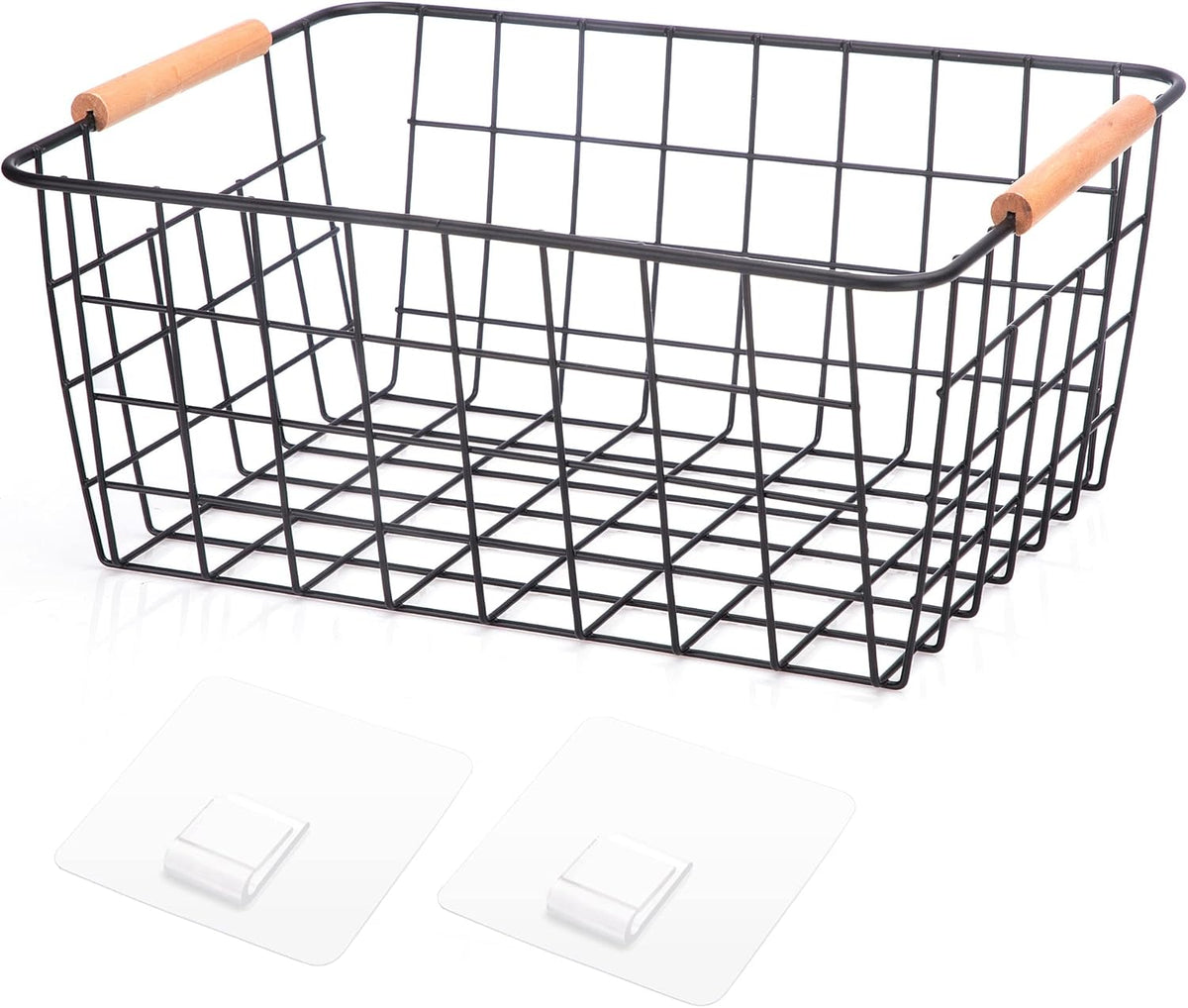 Metal Wire Food Storage Basket Organizer with Wooden Handles for Organizing pantry organizers and storage Kitchen Cabinets, 2 Packs-Black