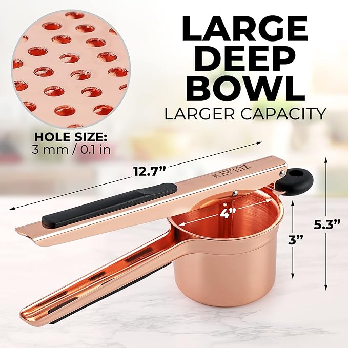 Zulay Kitchen Premium Large 15oz Potato Ricer, Heavy Duty Professional Stainless Steel Potato Masher and Ricer Kitchen Tool, Press and Mash Kitchen Gadget - Rose Gold