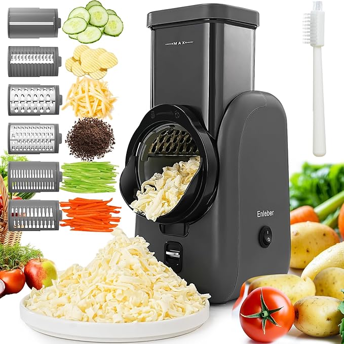 Electric Cheese Grater Rotary Slicer-One-Touch Control Vegetable Slicer, Nuts Grinder Cheese Shredder for Home Kitchen Use, 6 Replaceable Stainless Steel Blades(Black)