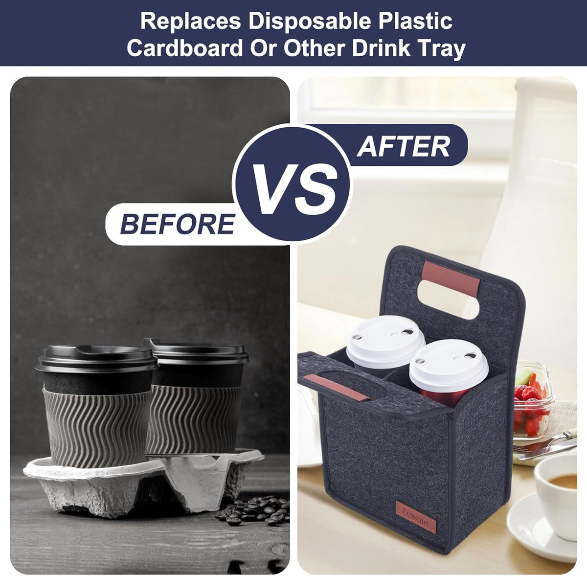 Portable Drink Holder - Foldable Travel Carrier with Reusable Insulated Cofee Cup, 2 Cup Holder, Free Your Hands