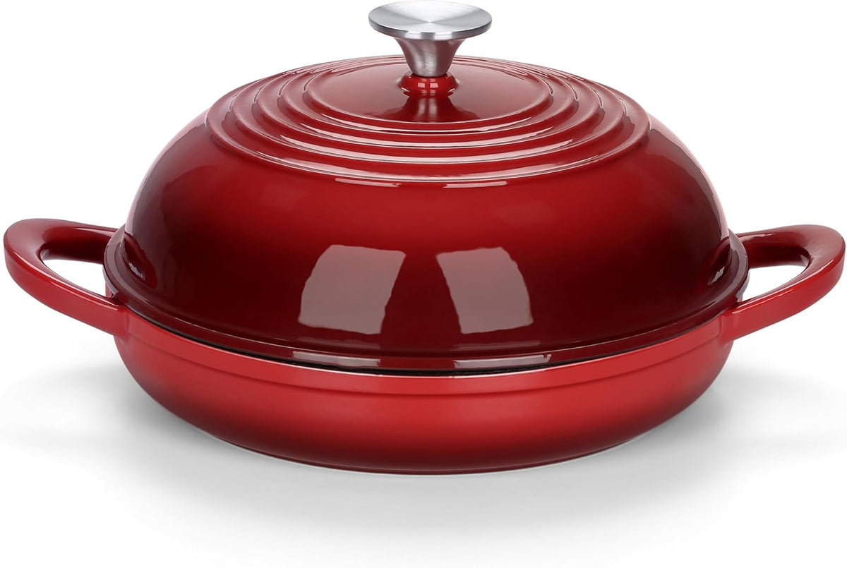 E-far Dutch Oven for Sourdough Bread Baking, 6 Qt Round Enameled Cast Iron Dutch Oven for Homemade Artisan Bread, Dome Lid & Shallow Base, Matte Black Interior & Durable, Oven-Safe to 500℉, Red