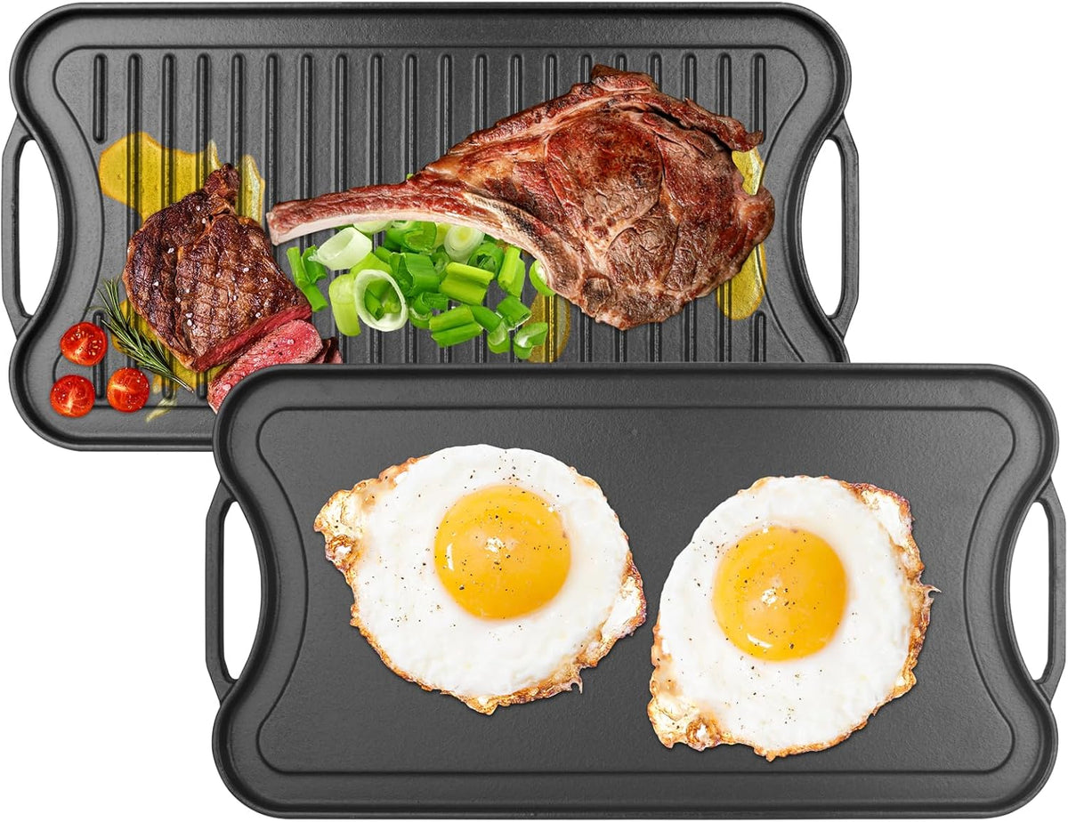 Cast Iron Reversible Grill/Griddle Pan -20"x10.5" Pre-Seasoned Rectangular Double Sided Griddle Plate for Gas Stove, Oven, Camping, Indoor & Outdoor Cooking - Non-Stick, Durable & Versatile