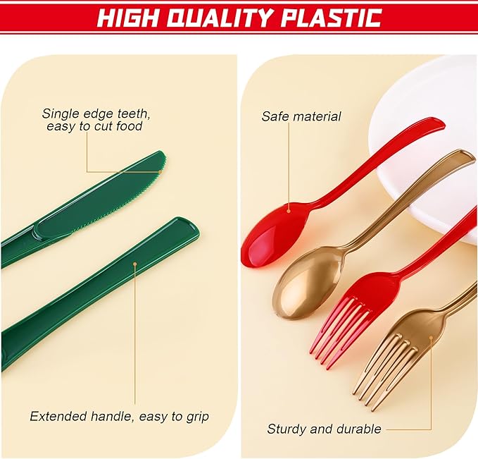 300 Pieces Christmas Plastic Silverware Heavy Duty Plastic Cutlery Set Heavyweight Disposable Flatware Includes Christmas Spoons Forks Knifes for Christmas New Year Party