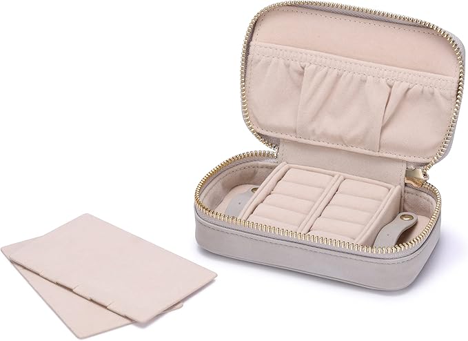 HISCOW Vegan Leather Travel Jewelry Case with Zipper - Portable Necklace & Earring Holder Organizer for Women Girls, Velvet-Lined Ring Box with Anti-Tarnish Design, Stone