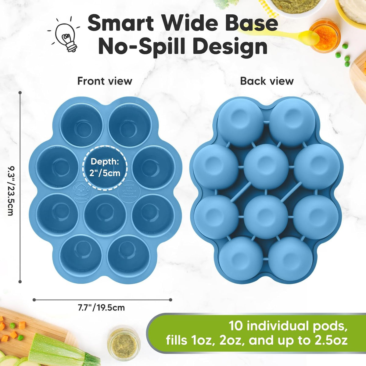 KeaBabies Silicone Food Freezer Trays with Lid, 2oz x 10 Pods Baby Food Storage Containers, Easy Puree Meal Prep, Breast Milk Silicone Freezer Molds, Dishwasher, Microwave Safe, BPA-Free (Misty Blue)