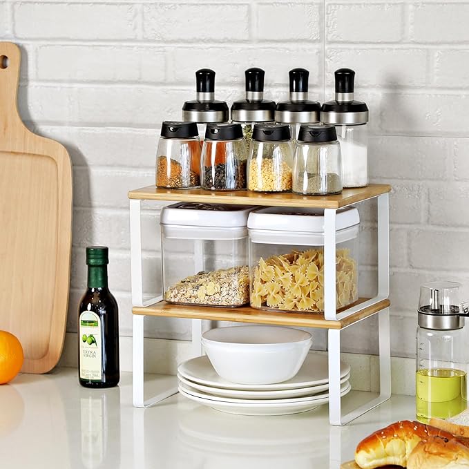 SONGMICS Cabinet Organizer Shelf, Set of 4 Kitchen Counter Shelves, Kitchen Storage, Spice Rack, Stackable, Expandable, Metal and Engineered Wood, Cloud White and Natural Beige UKCS010N01