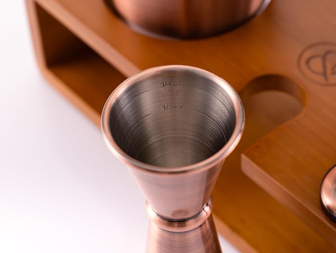 Mint & Mortar Cocktail Shaker Set, 7-Piece Bartender Kit with Stand, 24oz Martini Shaker Bottle Stainless Steel Bar Tools, Home Bar Accessories Drink Mixer, Barware Gift Set - Brushed Copper