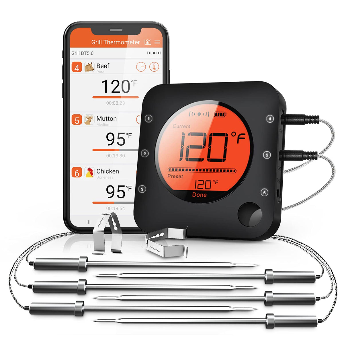 BFOUR Bluetooth Meat Thermometer Wireless Meat Thermometer, Wireless Digital Grill Thermometer with 6 Temperature Probes, Large LCD Display, Bluetooth Thermometer for Grill, Smoker, Oven and BBQ