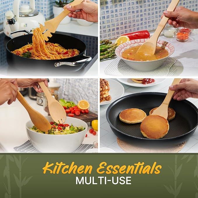 Wooden Utensil Set, Bamboo Utensils – 7 PCs Wood Spoons for Cooking, Easy to Clean, Sturdy, Lightweight & Heat Resistant