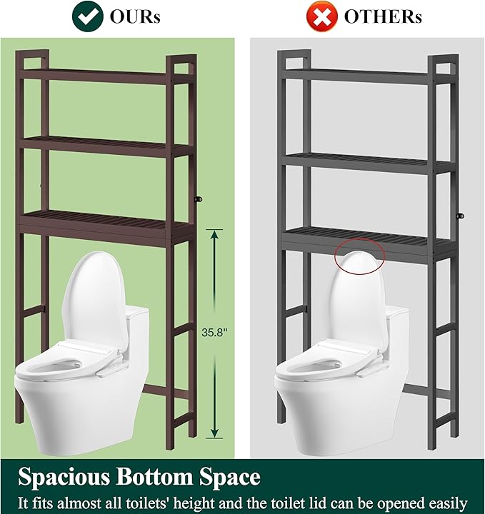 Smiry Over The Toilet Storage Cabinet, 3-Tier Bamboo Bathroom Organizers with Adjustable Shelf & 4 Hooks, Space Saving Shelf Rack for Bathrooms, Laundry Room, Balcony, Brown