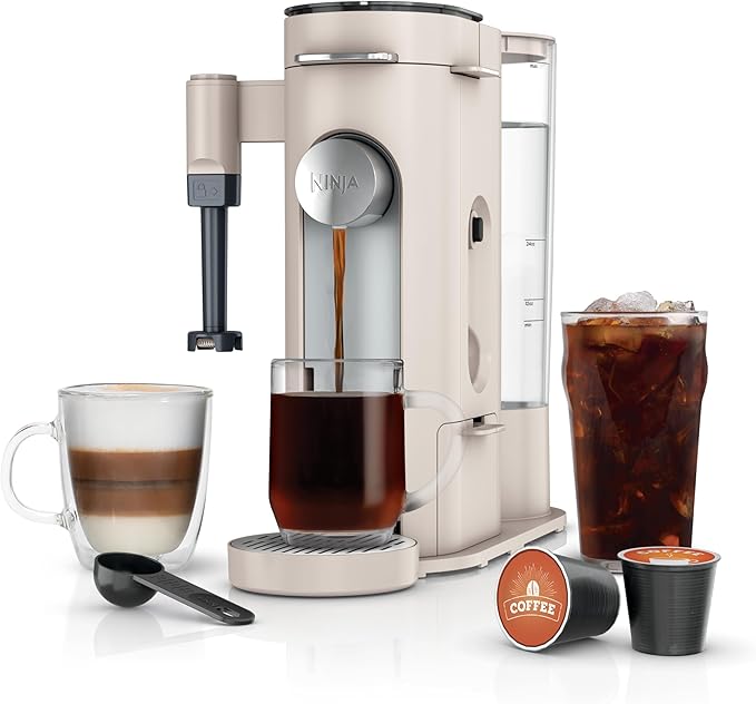 Ninja Pod & Grounds | Coffee Maker | XL Single-Serve | K-Cup Pod Compatible | Brews Grounds | Compact Design | Built-In Milk Frother | 68-oz. Reservoir, 6-oz. Cup to 24-oz. Mug Sizes | Stone |PB055AST