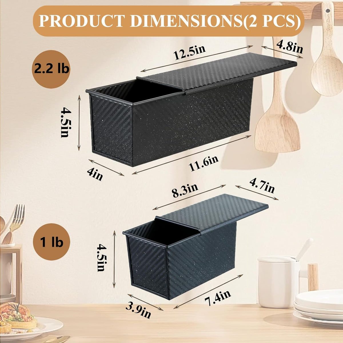SS&CC Pullman Loaf Pan with Lid 2-Pack, 2.2lb & 1lb Carbon Steel Bread Pan for Homemade Sourdough & Sandwich Bread | Nonstick Bakeware, Heavy Duty & Easy Clean (Black, 1lb+2.2lb)
