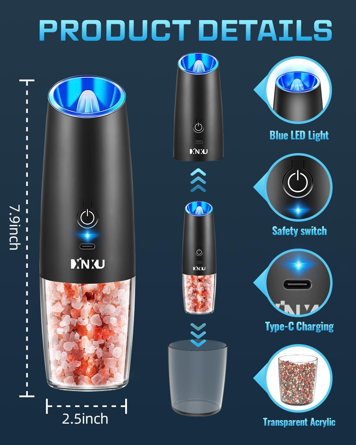 XinXu RECHARGEABLE Pepper and Salt Grinder Set,Automatic Pepper Mill,USB Rechargeable,Adjustable Coarseness,One-handed Operation,Ceramic Burr,Refillable,Auto Grinders Shakers LED Light,Black